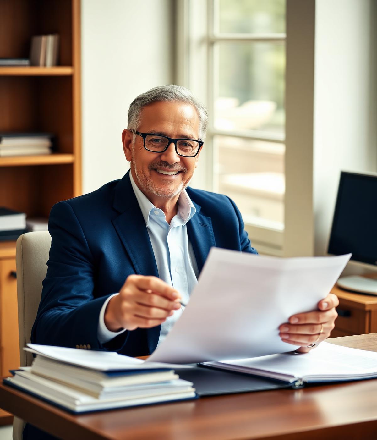 A reverse mortgage specialist reviewing documents in a home office